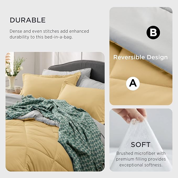 Bedsure Yellow Twin Comforter Set - 5 Pieces Reversible Twin Bed in a Bag, Extra Long Twin Bed Set with Comforters, Sheets, Pillowcase & Sham, Twin Bedding Sets for College