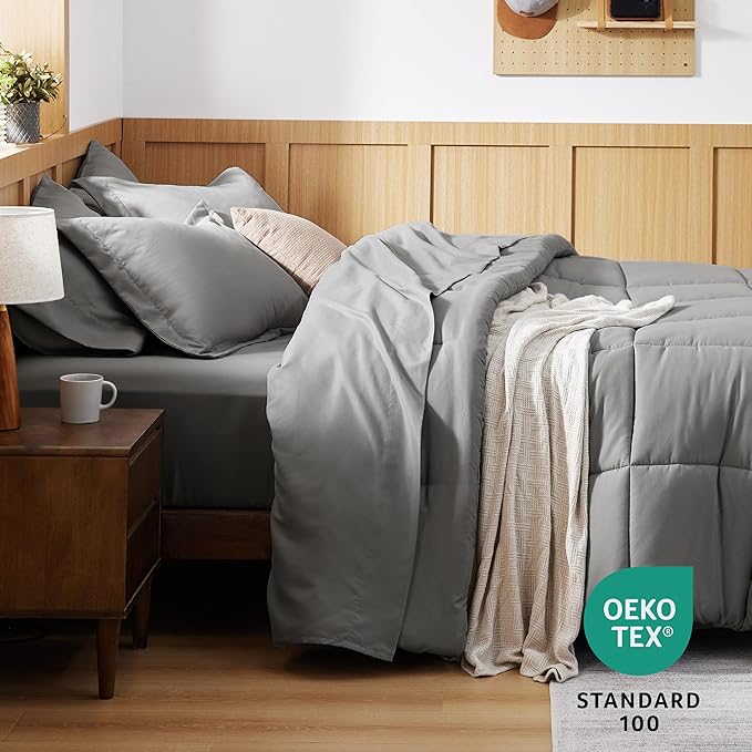 Bedsure Queen Bedding Comforter Set - 7 Pieces Solid Grey Bed in a Bag Queen, Bed Set Queen with Quilted Fluffy Comforters, Sheets, Pillowcases & Shams