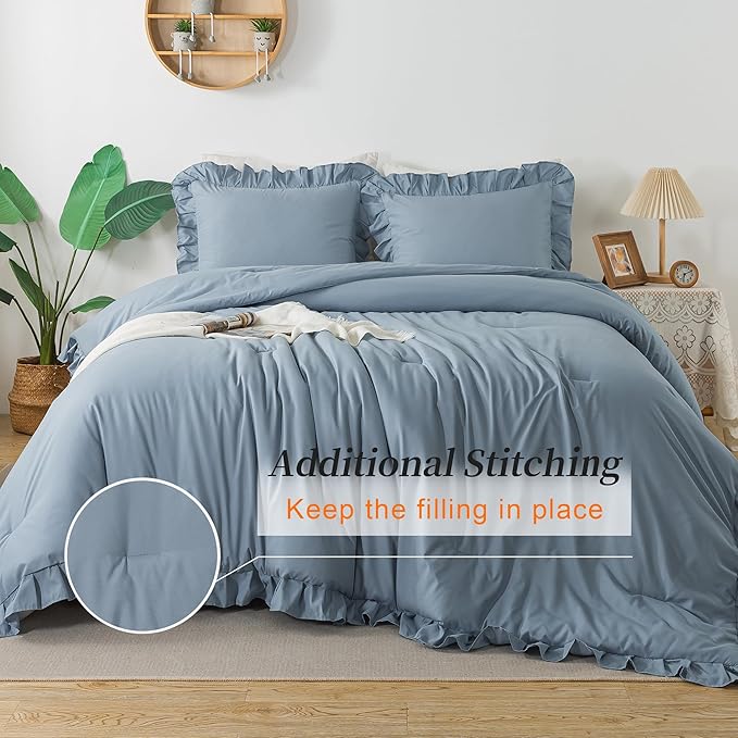 Andency Grayish Blue King Comforter Set(104x90Inch), 3 Pieces Lightweight Winter Summer Warm Fluffy Bedding Comforter Set, All Season Microfiber Shabby Chic(1 Ruffle Comforter and 2 Pillowcases)