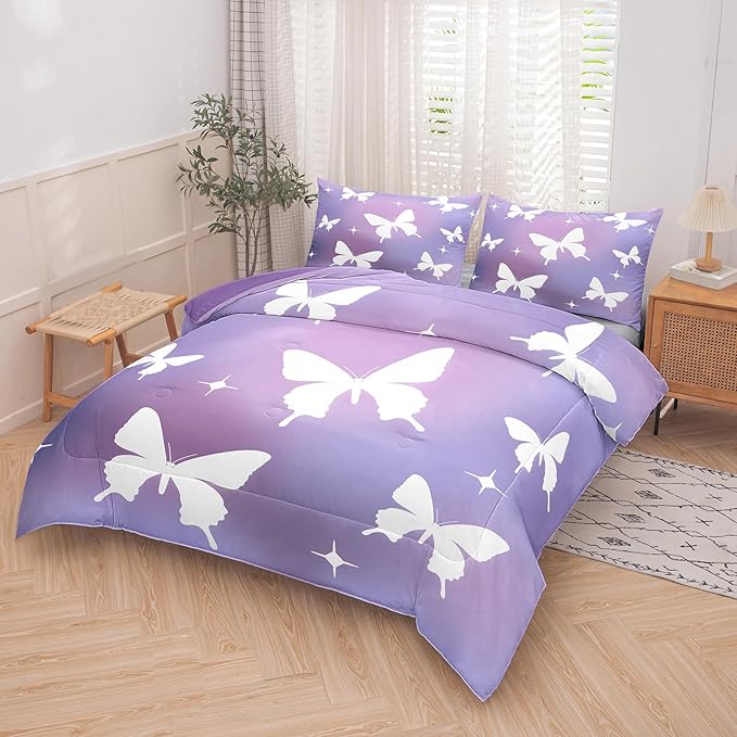 Tailor Shop Butterfly Comforter Sets Queen Size,Purple Butterfly Bedding Sets for Girls Kids Teens with 2 Pillowcase…