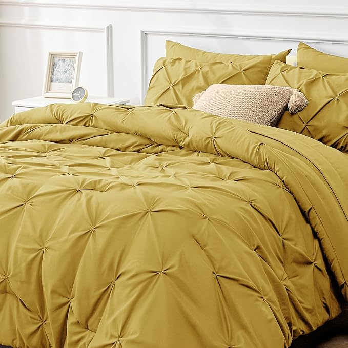 Bedsure Mustard Yellow Comforter Set Queen - Bed in a Bag Queen 7 Pieces, Pintuck Beddding Sets Green Bed Set with Comforter, Sheets, Pillowcases & Shams