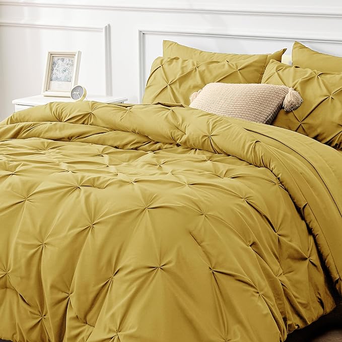 Bedsure Mustard Yellow King Size Comforter Set - Bedding Set King 7 Pieces, Pintuck Bed in a Bag Green Bed Set with Comforter, Sheets, Pillowcases & Shams