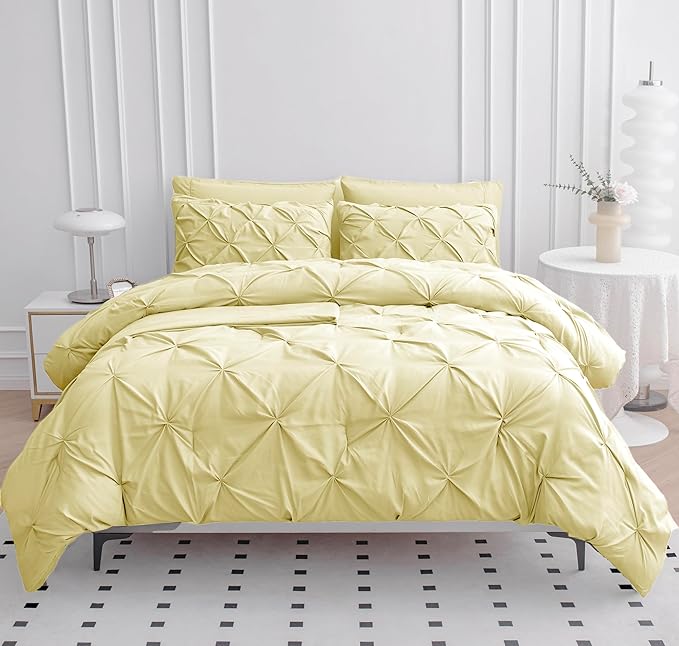 LANE LINEN Twin Comforter Set – 5 Piece Bed in a Bag – Pinch Pleated Twin Size Bedding Set with Comforter, Flat Sheet, Fitted Sheet, Pillowcase & Sham – Soft Pintuck Bed Set - Vanilla