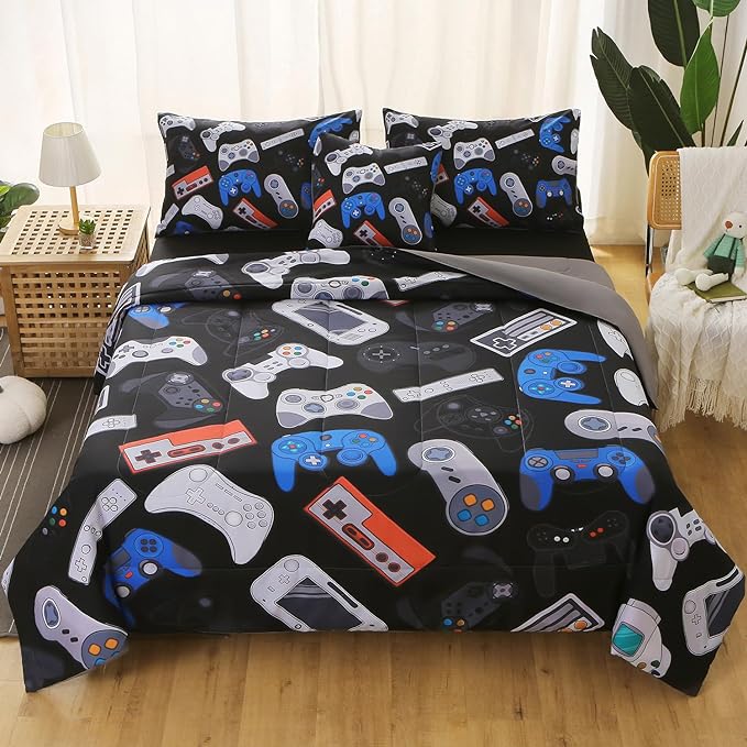 6Pcs Game Console Comforter Set with Sheets for Boys Girls Kids Teens, Gamepad Collection Themed Bed in A Bag Twin Size, 3D Video Gamer Controller Bedroom Decor Bedding Set