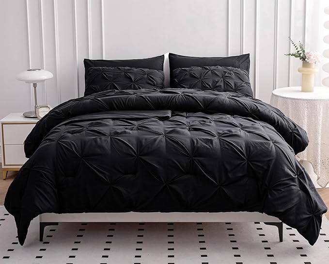 LANE LINEN Twin Comforter Set, 5 Piece Twin Bedding Sets, Ultra Soft Pintuck Twin Bed in a Bag Set with Down Alternative Comforter, Sheets, Pillowcase & Sham, Pinch Pleated Kids Bedding Set - Black