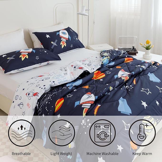 RYNGHIPY Kids Comforter Set Queen Size, Cute Space Rocket Bedding Set for Boys Girls, Space Themed Teen Boy Bedding (Space Rocket,Queen)