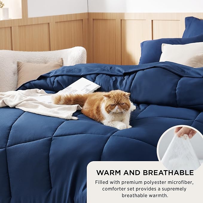 Bedsure Navy Full Comforter Set - 7 Pieces Solid Full Bed in a Bag, Full Bed Set Navy with Quilted Warm Fluffy Comforters, Sheets, Pillowcases & Shams