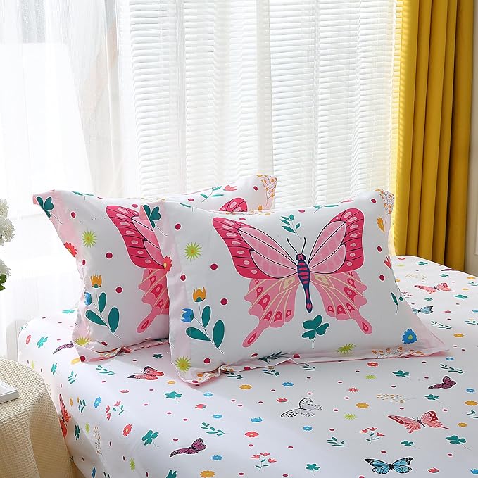 Girls Butterfly Comforter Set Full Size 7 Piece Bed in A Bag Colorful Flowers Leaves Bedding Set for Kids Teens Super Soft All Season