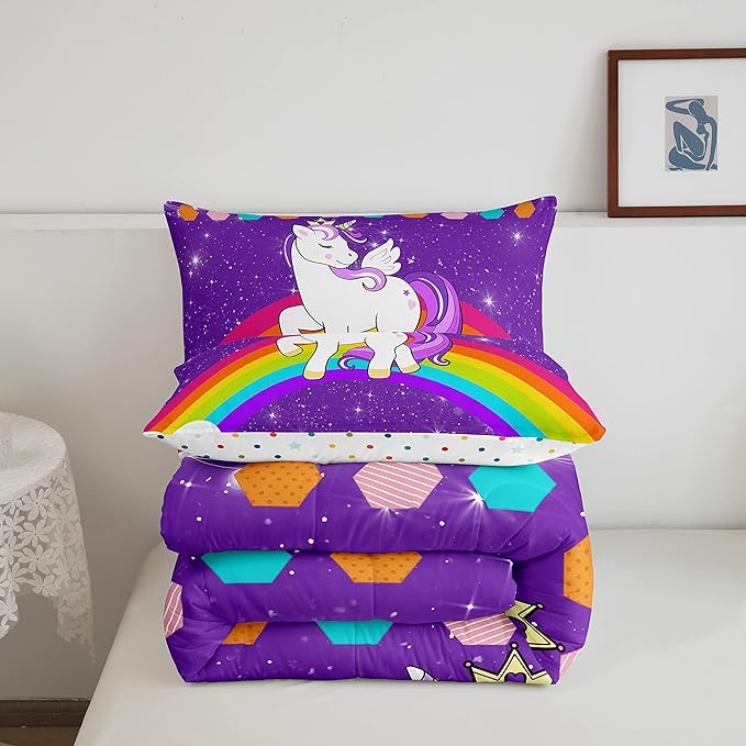 Unicorn Comforter Set Full Rainbow Bedding Set For Girls Children Purple Cute Unicorn Glitter Down Comforter Kids Cartoon Kawaii Warm Soft Duvet Set Galaxy Stars Fantasy Bedroom Decor 2 Pillow Cases