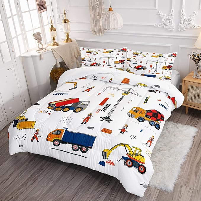 CVHOUSE Tractor Bedding Sets for Boys,Excavators Comforter Twin,Boys Cartoon Truck Comforter Set,Trucks Tractors Cars Quilt Set with 1 Comforter and 2 Pillow Cases- 3 Piece