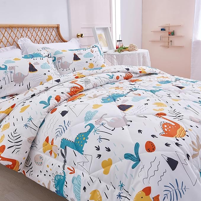JSD Dinosaur Kids Comforter Set for Boys Girls, 3 Pieces Full Microfiber Comforter with Pillow Sham, Soft Comfortable Machine Washable