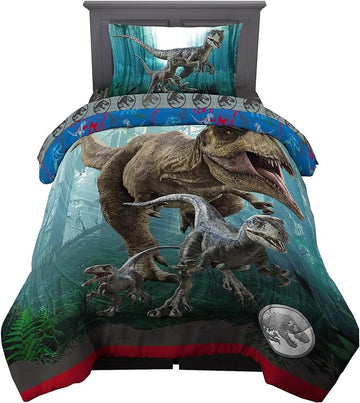 Jurassic World Dominion Blue Velociraptor and Rexy T-Rex Super Soft Microfiber Reversible Comforter, Twin Size, Bedding by Franco Kids