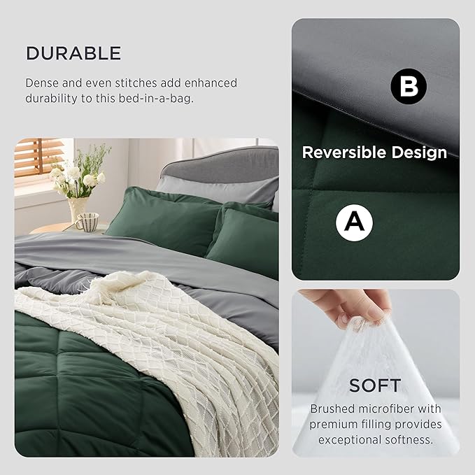 Bedsure Forest Green California King Size Comforter Set - 7 Pieces Reversible Cal King Bed in a Bag, Forest Green and Grey Bed Set with Comforters, Sheets, Pillowcases & Shams