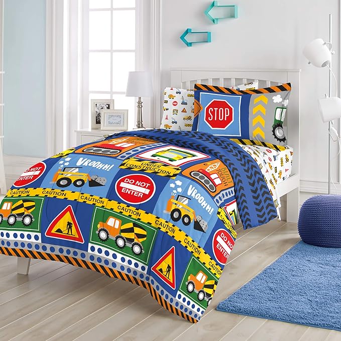 dream FACTORY Under Construction 7-Piece Microfiber Bag Comforter Bedding Set Super Soft-Full, Navy Blue,2D871902NY