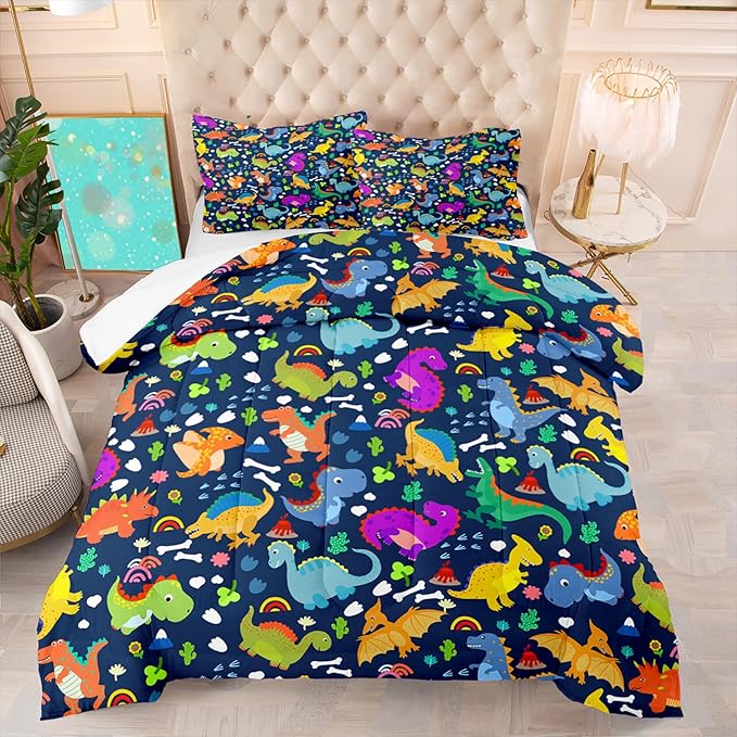 Dinosaur Full Size Bedding Set - Cartoon Dinosaur Full Size Comforter Sets for Boys Soft Breathable Blue Dino Quilt Kids Comforter Set Decor for Boys Bedroom, 1 Comforter 2 Pillowcase