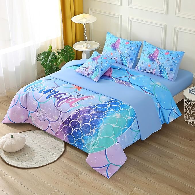 JQinHome Mermaid Comforter Set Twin Size, 6 Piece Mermaid Tail Bed in A Bag,3D Colorful Mermaid Bedding Set for Girls Kids, Sparkle Teal Bedroom Decor Bedding Set with Sheets (Blue)