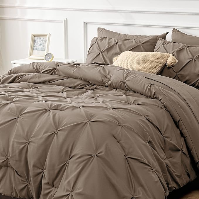 Bedsure Twin XL Comforter Set - Extra Long 5 Pieces Dorm Room Essentials, Pinch Pleat Brown Bed in a Bag with Comforter, Sheets, Pillowcase & Sham, Kids Bedding Set