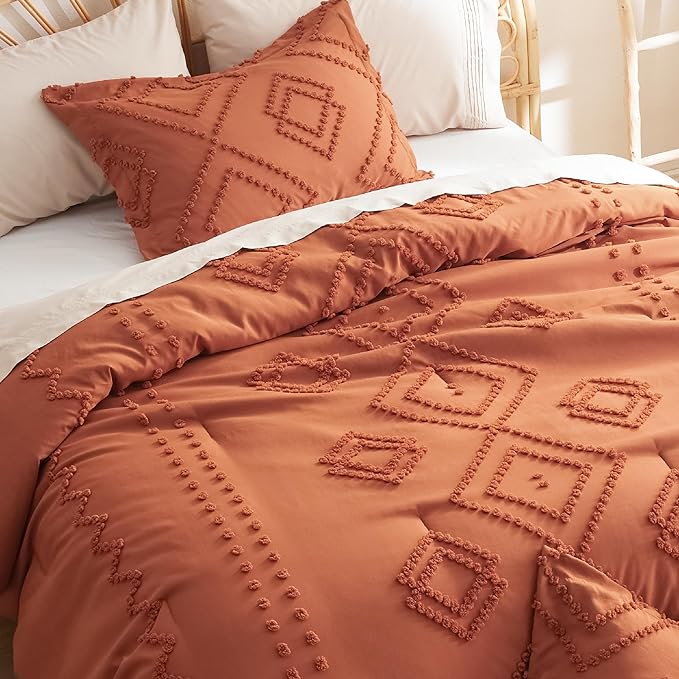 Bedsure Boho Comforter Set King - Terracotta Tufted Bedding Comforter Set, 3 Pieces Farmhouse Shabby Chic Embroidery Bedding Set, Soft Geometric Pattern Comforter for All Seasons