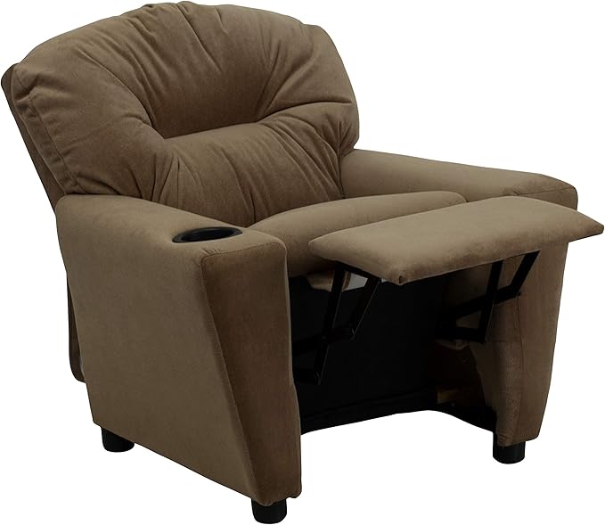 Flash Furniture Chandler Microfiber Kids Recliner with Cup Holder and Safety Recline, Contemporary Reclining Chair for Kids, Supports up to 90 lbs., Brown