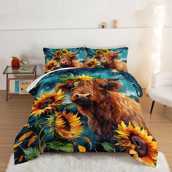 HOSIMA Highland Cow Comforter Set,Western Farmhouse Animals Cow and Sunflower Print Bedding Set 3Pcs with 2 Pillowcases,Galaxy Star Moon King Size Comforter Set,Floral Wild Animal Room Decor.