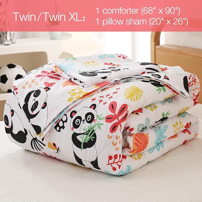JSD Panda Flower Kids Comforter Set, 2 Pieces Twin Microfiber Comforter with Pillow Sham, Soft Comfortable Machine Washable