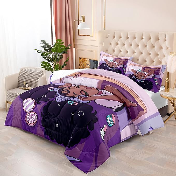 African American Black Girl Comforter Set Twin Size, Black Girls Magic Duvet Comforter for Kawaii Bedroom Decor, Black Girl Love Music Purple Bedding Set with 1 Comforter +1 Pillowcase