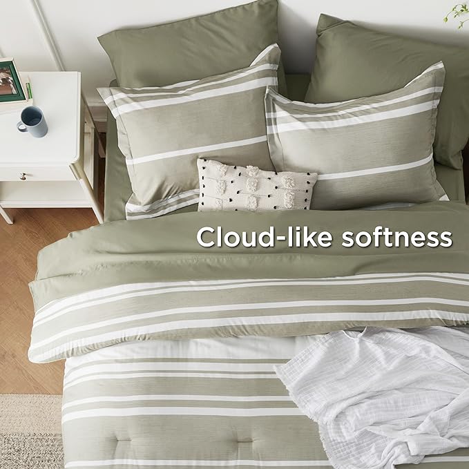 Bedsure Bed in a Bag Twin Size 5 Pieces, Olive Green White Striped Bedding Comforter Sets All Season Bed Set with 1 Pillow Sham, Flat Sheet, Fitted Sheet and 1 Pillowcase