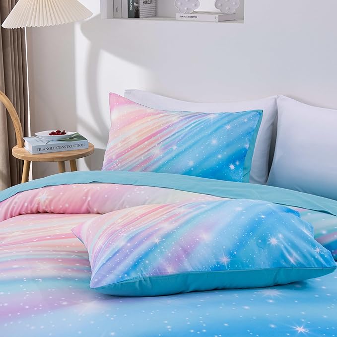 Btargot Super Soft 6 Pieces Gradient Star Ring Comforter Set, Colorful Glitter Rainbow Star Pattern Bedding Set for Boys Girls Teens, Queen Light Blue