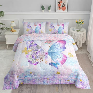 Axolotl Butterfly Bedding Queen,Rainbow Butterfly Comforter Set for Girls Teens,Butterfly Bedding for Girls with Golden Star Scales Pattern,Butterfly Printed Quilt Set with 1 Comforter 2 Pillowcases