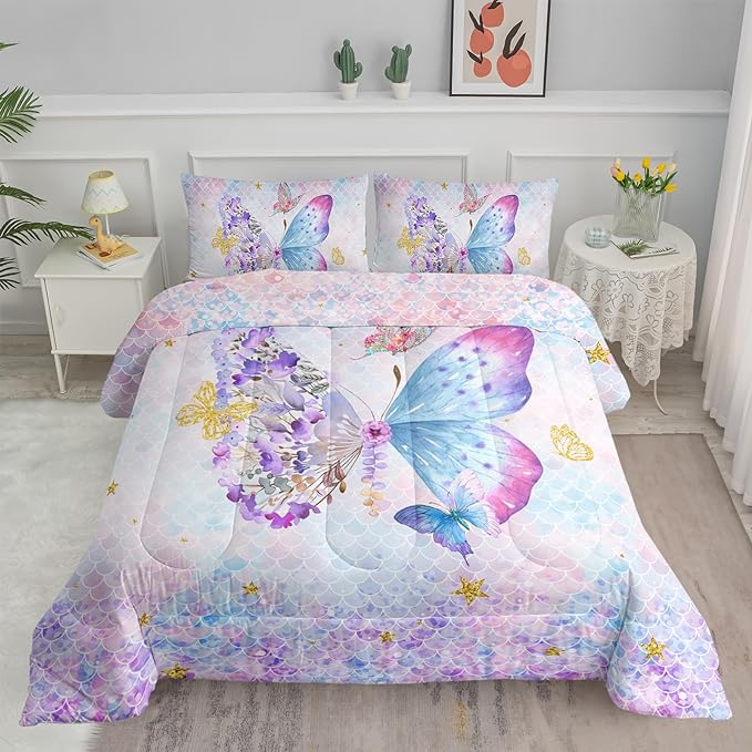Axolotl Butterfly Bedding Queen,Rainbow Butterfly Comforter Set for Girls Teens,Butterfly Bedding for Girls with Golden Star Scales Pattern,Butterfly Printed Quilt Set with 1 Comforter 2 Pillowcases