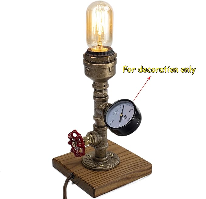 Steampunk Lamp with Dimmer, Dimmable Loft Style Industrial Vintage Antique Style Light with Bulb, Wood Base with Iron Piping Desk Lamp, Retro Desk Lamp LL-025