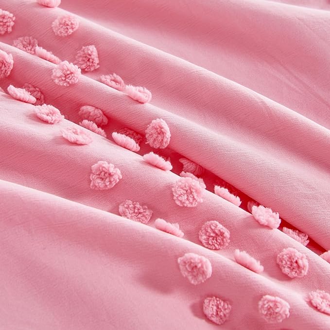 ENJOHOS Girls Queen Comforter Bedding Set Pink, 3 PCS Boho Comforter with Tufted Dots, Shabby Chic Bedding Comforter for All Season, Lightweight Fluffy Microfiber Comforter with 2 Pillowcases