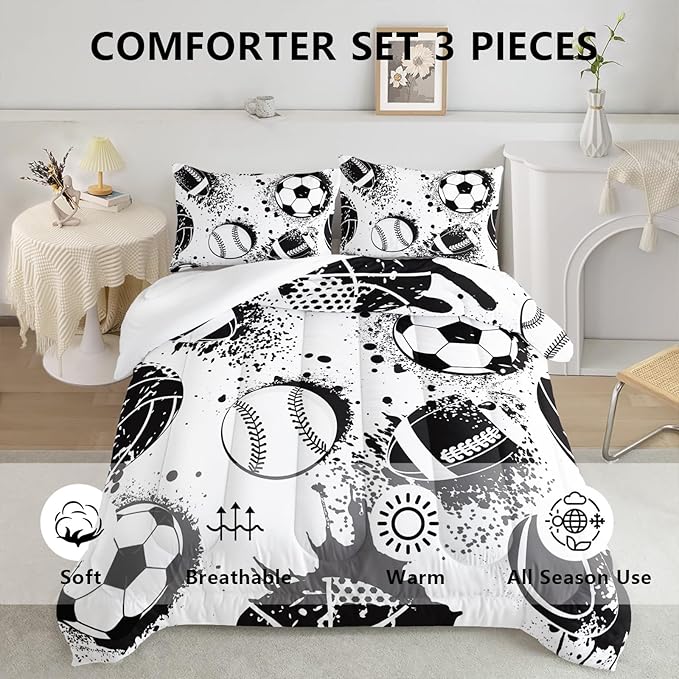 Axolotl Ball Sports Comforter Set Queen,Football Soccer Bedding Set,Football Baseball Game Comforter Set,Baseball Comforter Set,Hip Hop Graffiti Artwork Bedding For Boys Kids Men,1 Quilt 2 Pillowcases
