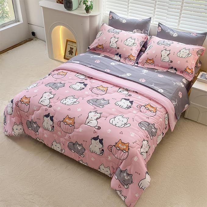 7 Piece Girls Cats Comforter Set Twin Size Bed in A Bag Pink Cute Cartoon Pet Cat Bedding Set for Kids Boys Teens (1 Comforter, 1 Flat Sheet, 1 Fitted Sheet, 4 Pillow Sham) Gray