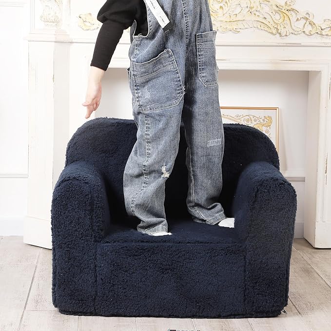Kids Snuggly-Soft Sherpa Chair, Cuddly Toddler Foam Chair for Boys and Girls, Dark Blue