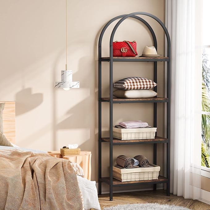 Tribesigns 4-Tier Open Bookshelf, 70.8" Industrial Arched Bookcase Storage Shelves with Metal Frame, Freestanding Display Rack Tall Shelving Unit for Office, Bedroom (Rustic Brown, 1PC)