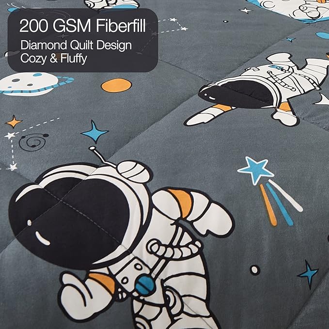 JSD Grey Astronaut Kids Comforter Set for Boys Toddler, 2 Pieces Twin Microfiber Comforter with Pillow Sham, Soft Comfortable Machine Washable