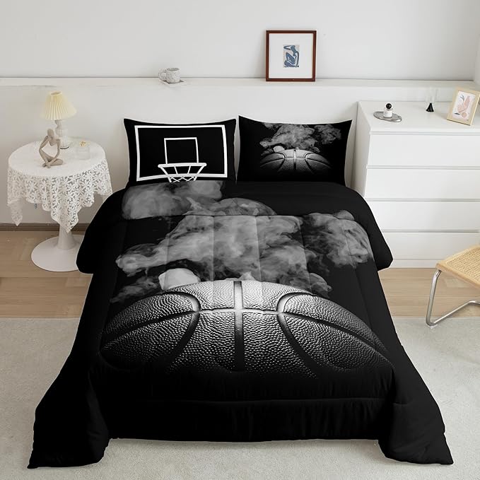 Erosebridal Basketball Comforter Set for Boys Teen King Size Sports Basketball Bedding Set Basketball Room Decor Reversible Black Down Comforter Grey Hippie Smoke Quilt Duvet Insert 2 Pillow Case