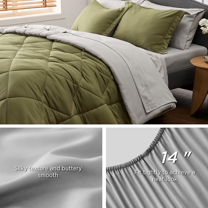 Bedsure Olive Green California King Size Comforter Set - 7 Pieces Reversible Cal Bed in a Bag Bed Set with Comforters, Sheets, Pillowcases & Shams, California King Bedding Sets