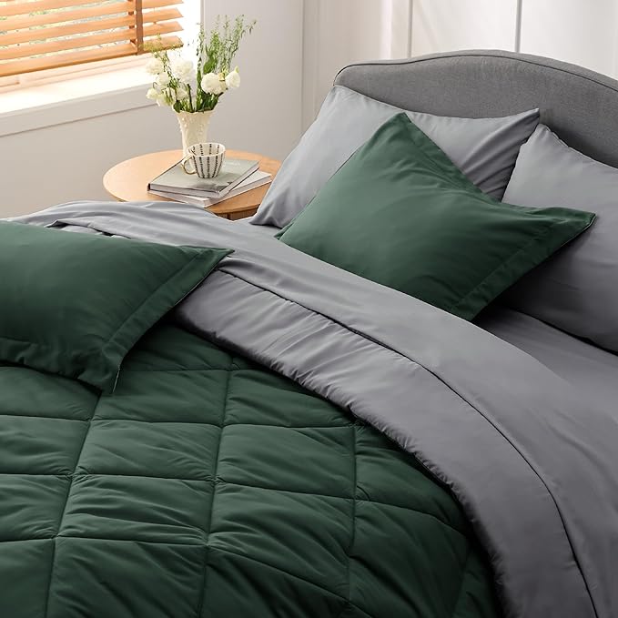 Bedsure Forest Green Queen Comforter Set - 7 Pieces Reversible Queen Bed in a Bag, Queen Bed Set Forest Green and Grey with Comforters, Sheets, Pillowcases & Shams