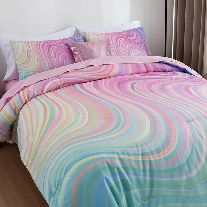 Btargot Super Soft 6 Pieces Gradient Wavy Line Comforter Set, Colorful Glitter Rainbow Star Pattern Bedding Set for Boys Girls Teens, Twin Pink Green