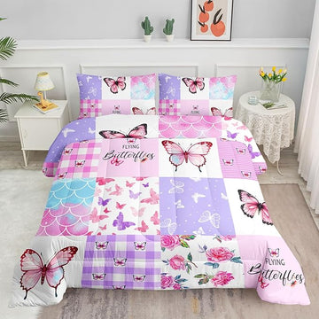 Datura home Kids Comforter Set Mermaid Scale Butterfly Printed Pattern Bedding Set with 1 Comforter and 2 Pillowcases for Girls Boys Bedroom All Season(Mermaid1 Full)