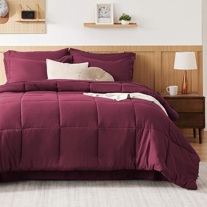 Bedsure Burgundy King Size Comforter Set - 7 Pieces Solid King Bed in a Bag, King Bed Set Burgundy with Comforters, Sheets, Pillowcases & Shams