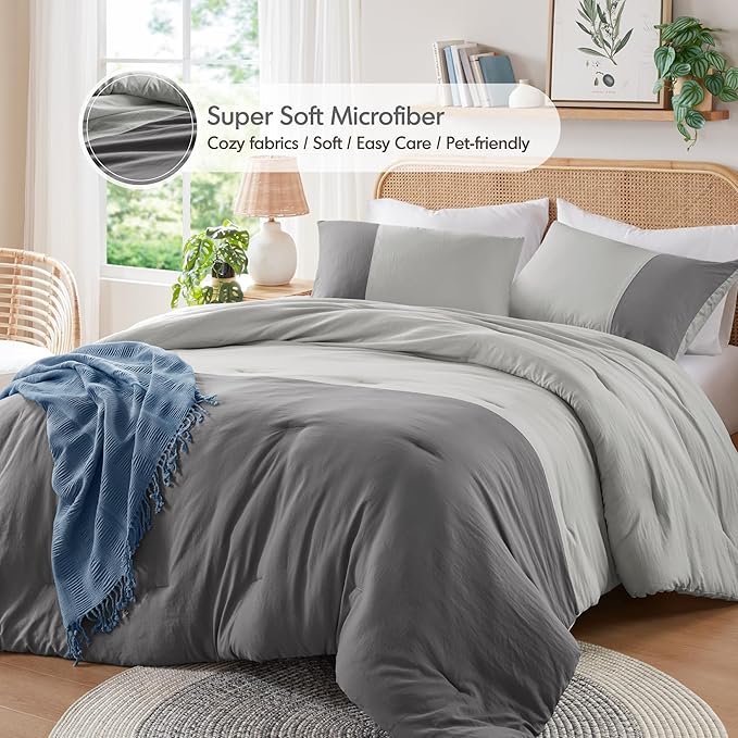 Grey Comforter Queen Set - Modern Soft Farmhouse Comforter Sets for Men, Masculine Colorblock Pattern Bedding Set for All Season, 3 Pieces includes 1 Comforter, 2 Shams (90"x 90")