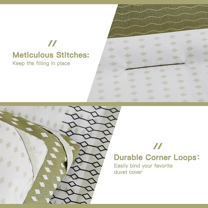 Litanika Olive Green Comforter Set Queen - 3 Pieces Lightweight Olive Green White Colorblock Stripe Fluffy Bedding Comforter Sets, All Season Bed Set