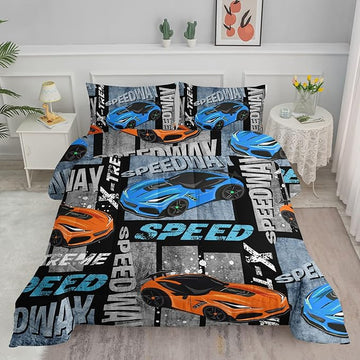 Datura home Sports Car Comforter Set Vintage Racing Car Printed Quilt Bedding Set with 1 Comforter and 2 Pillowcases for Boys and Girls Bedroom All Season(Sports Car Twin)