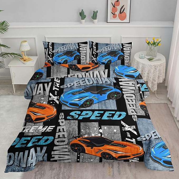 Datura home Sports Car Comforter Set Vintage Racing Car Printed Quilt Bedding Set with 1 Comforter and 2 Pillowcases for Boys and Girls Bedroom All Season(Sports Car Twin)
