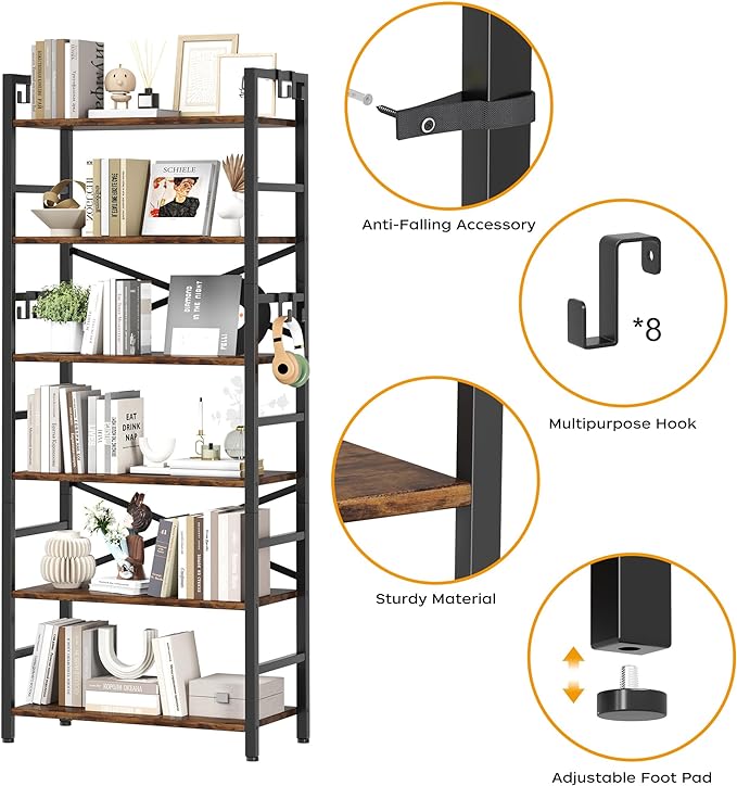 6 Tier Bookshelf, Industrial Bookcase with 8 Hooks, Vintage Storage Rack with Open Shelves, Rustic Standing Bookshelves Metal Frame Display Rack for Living Room, Bedroom, Rustic Brown