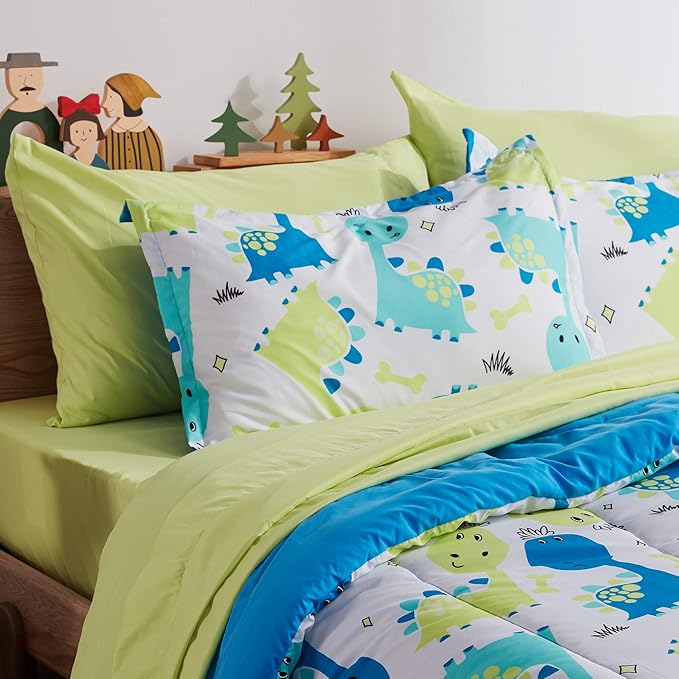 SLEEP ZONE Kids Bedding Comforter Set Full/Queen Size - Super Cute & Soft Kids Bedding 7 Pieces Set with Comforter, Sheet, Pillowcase & Sham (Cute Dino)