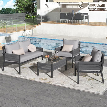 4-Piece Patio Conversation Furniture Set, Rope Weave Outdoor Loveseat Sofa with 2 Armchairs, Thick Cushion&Tempered Glass Table, for Garden Backyard, Onesize, Gray